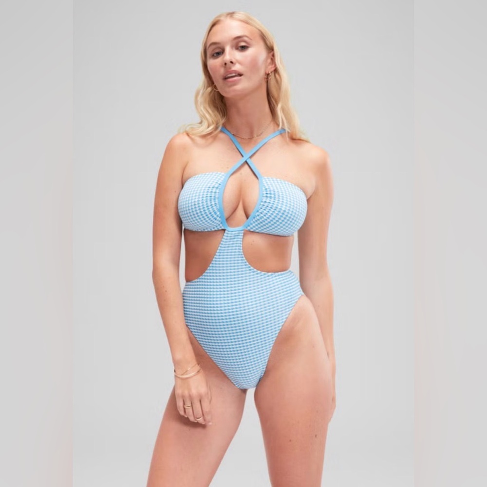 SPEEDO Convertible Cut Out Gingham Blue Crisscross One-Piece Swimsuit size XL